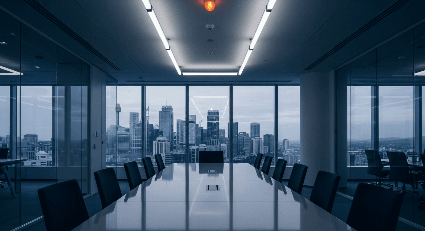 An empty modern boardroom. The partner-led GTM is a relationship the lab itself does not own.