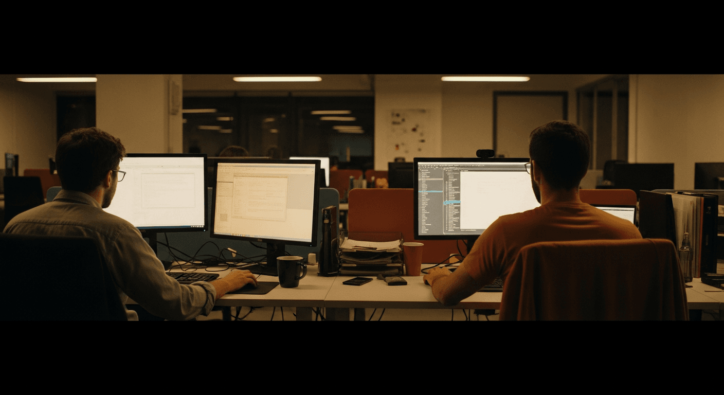 Two engineers working late. The tool you reach for tells you what your output is worth.